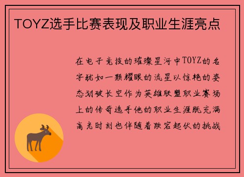 TOYZ选手比赛表现及职业生涯亮点