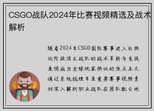 CSGO战队2024年比赛视频精选及战术解析