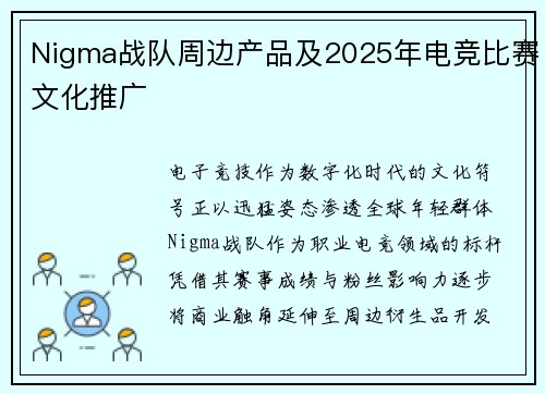 Nigma战队周边产品及2025年电竞比赛文化推广