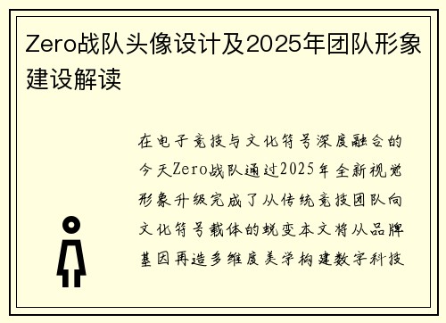 Zero战队头像设计及2025年团队形象建设解读